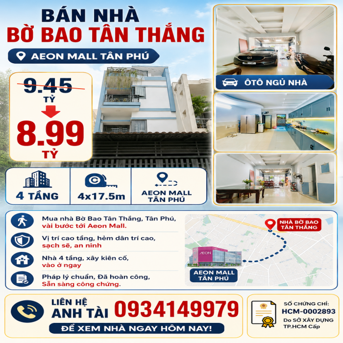 GIẢM 450 TRIỆU, ÔTÔ NGỦ NHÀ, AEON MALL TÂN PHÚ, 4 TẦNG, 4x17.5m, BÁN NHÀ BỜ BAO TÂN THẮNG