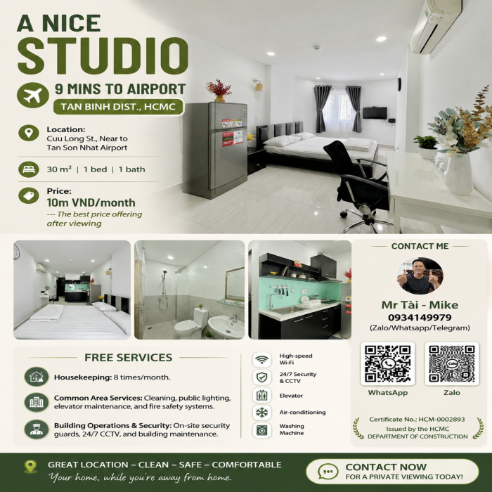 A NICE STUDIO, 9 MINS TO AIRPORT, TAN BINH DIST., HCMC