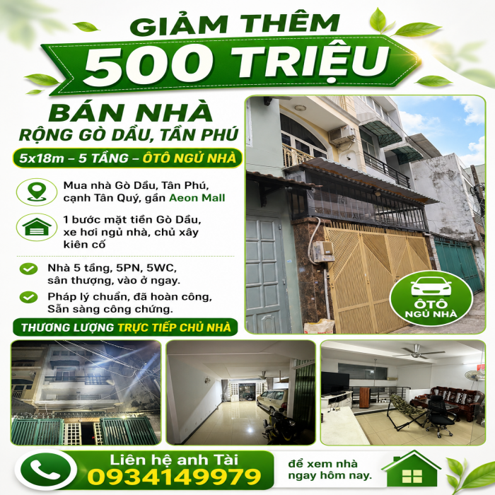 GIẢM THÊM 500 TRIỆU, BÁN NHÀ RỘNG GÒ DẦU, TÂN PHÚ, 5x18m, 5 TẦNG, ÔTÔ NGỦ NHÀ