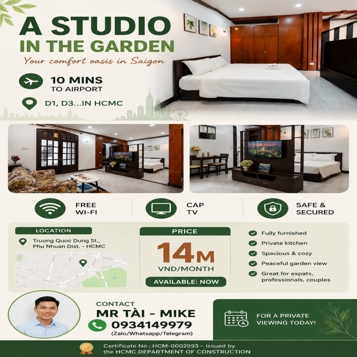 A STUDIO IN THE GARDEN, 10 MINS TO AIRPORT, D1, D3…IN HCMC