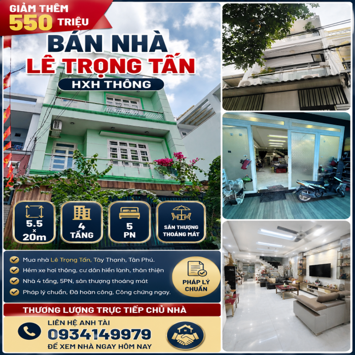 Giảm thêm 550 triệu, MỚI ĐẸP, 5.5x20m, 4 TẦNG, BÁN NHÀ LÊ TRỌNG TẤN, HXH THÔNG