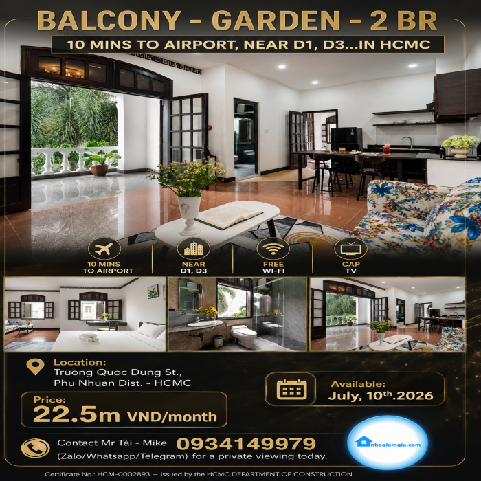 BALCONY- GARDEN- 2 BR, 10 MINS TO AIRPORT, NEAR D1, D3…IN HCMC