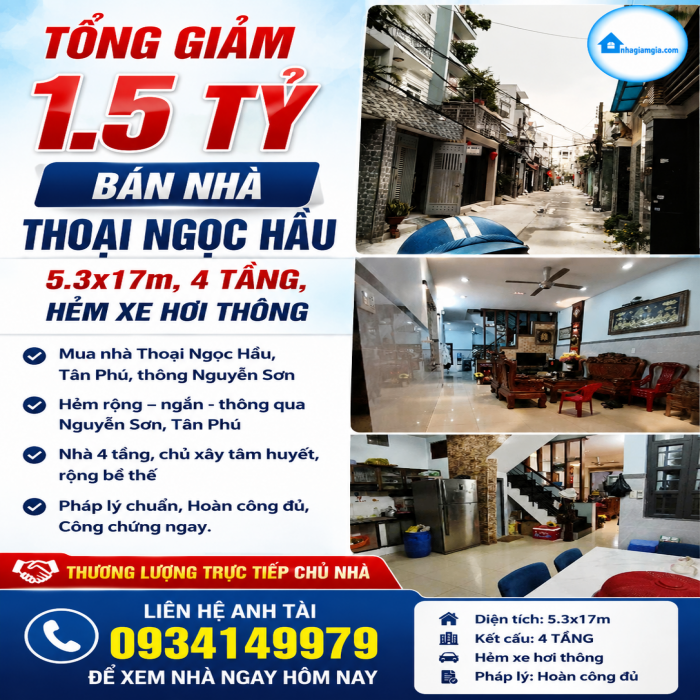 TỔNG GIẢM 1.5 TỶ, BÁN NHÀ THOẠI NGỌC HẦU, 5.3x17m, 4 TẦNG, HẺM XE HƠI THÔNG